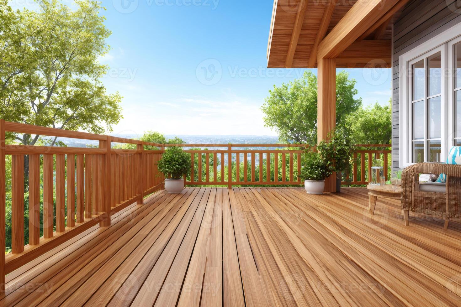 Wooden veranda overlooking cityscape with lush green trees photo