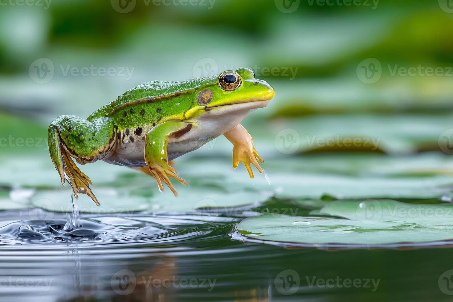 Green frog jumping over water with lily pads in background photo