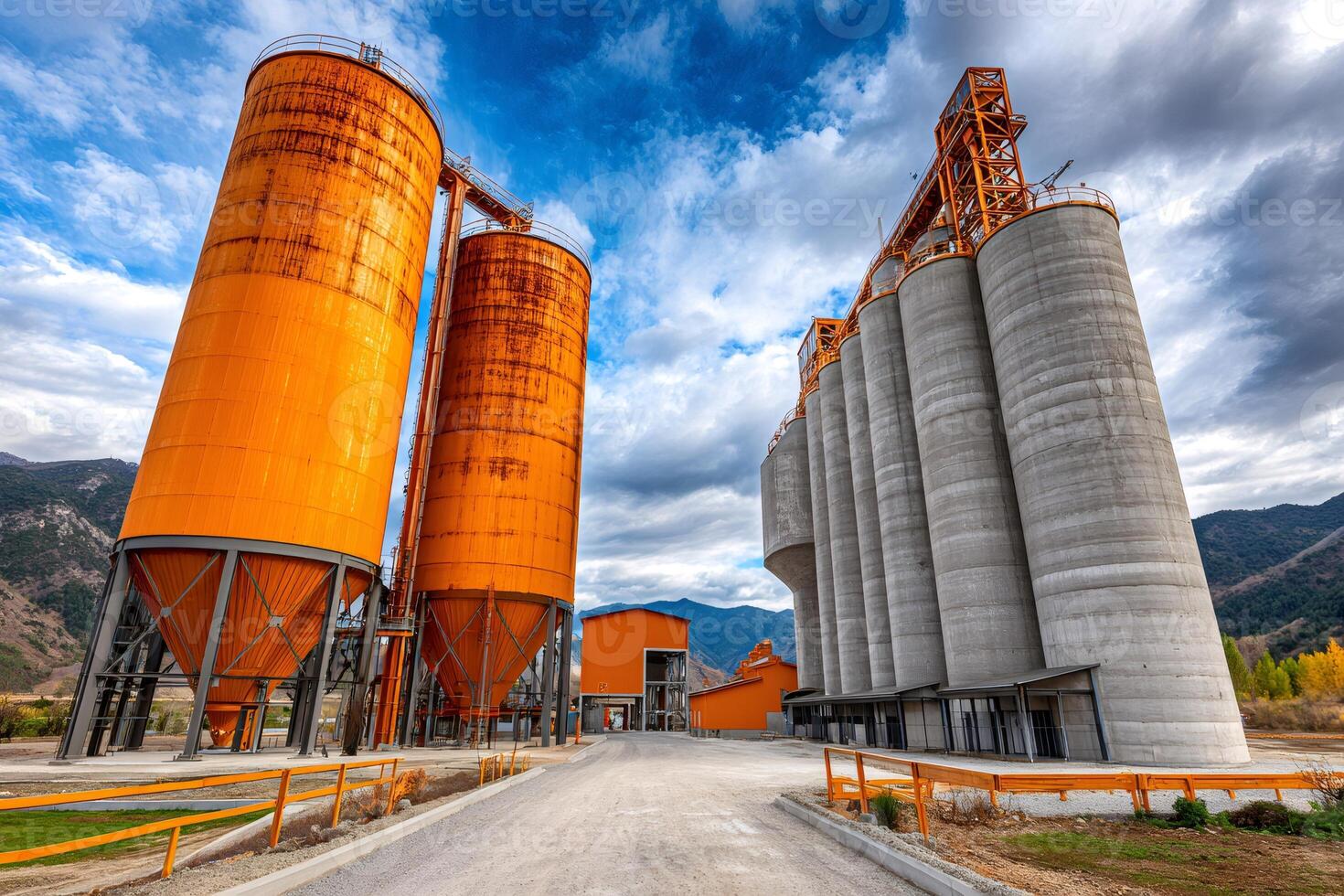 Orange and grey industrial silos for storing grain and other bulk materials under cloudy sky photo