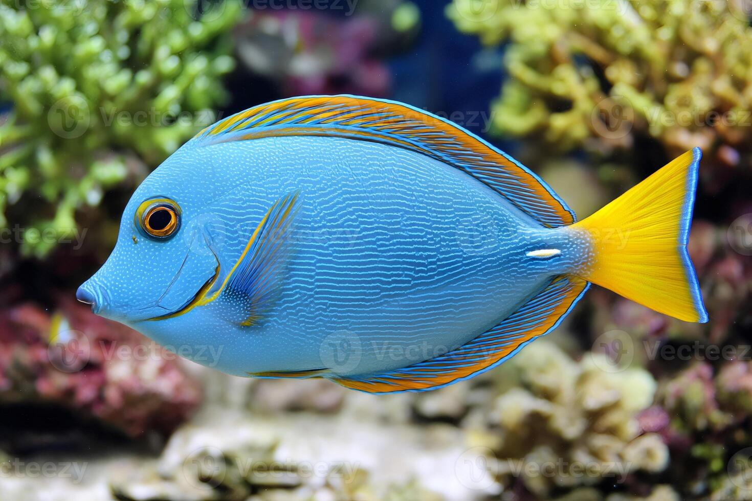 Powderblue surgeonfish swimming in coral reef aquarium photo