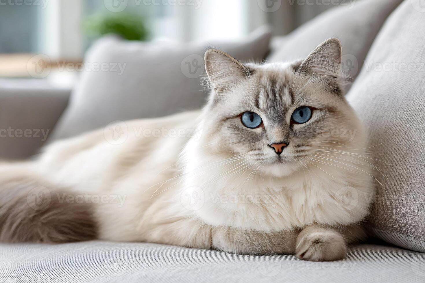 Adorable neva masquerade cat relaxing on comfortable sofa photo