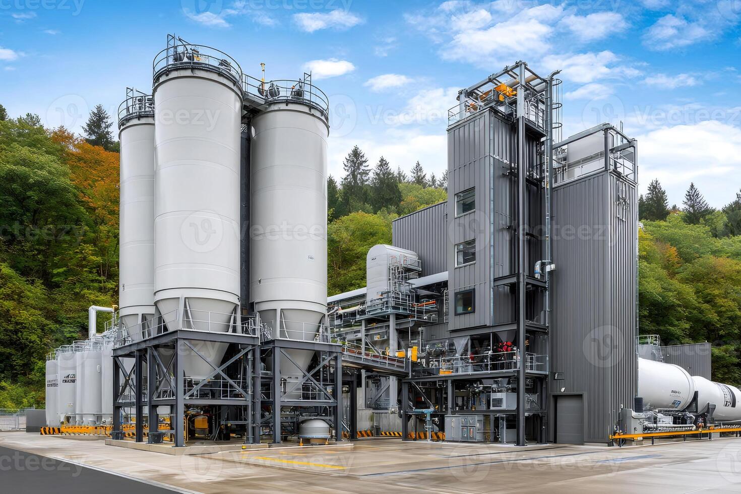 Modern asphalt mixing plant with storage silos and control tower on a sunny day photo