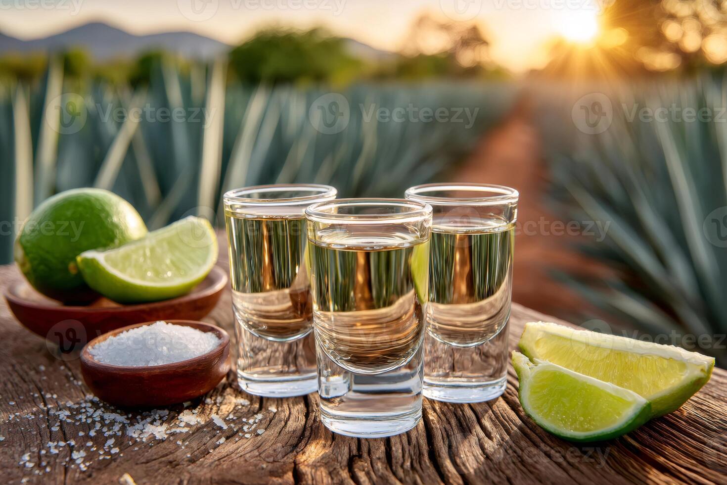 Enjoying tequila shots with lime and salt at sunset in agave field photo