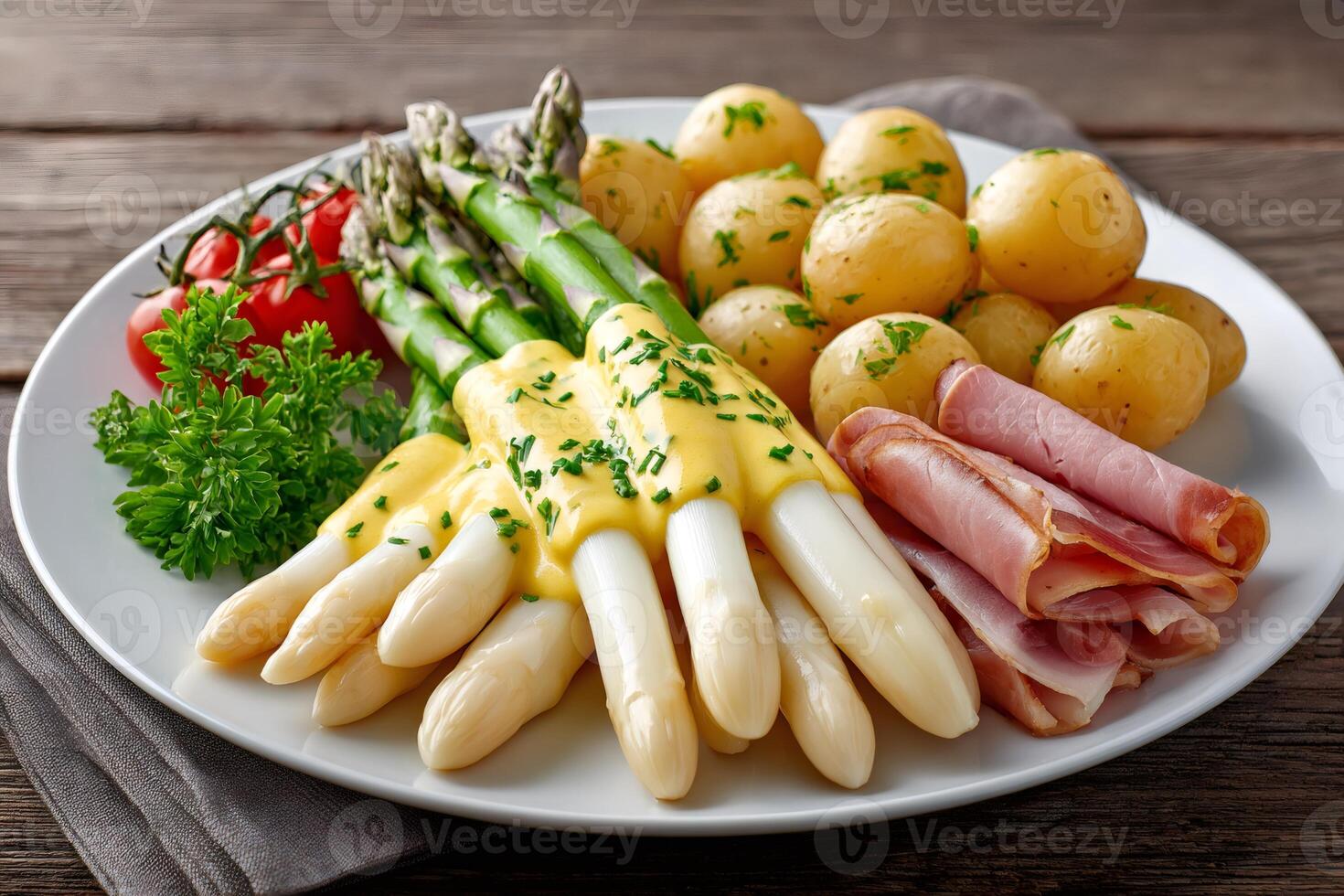 White asparagus with hollandaise sauce, potatoes and ham on a white plate photo