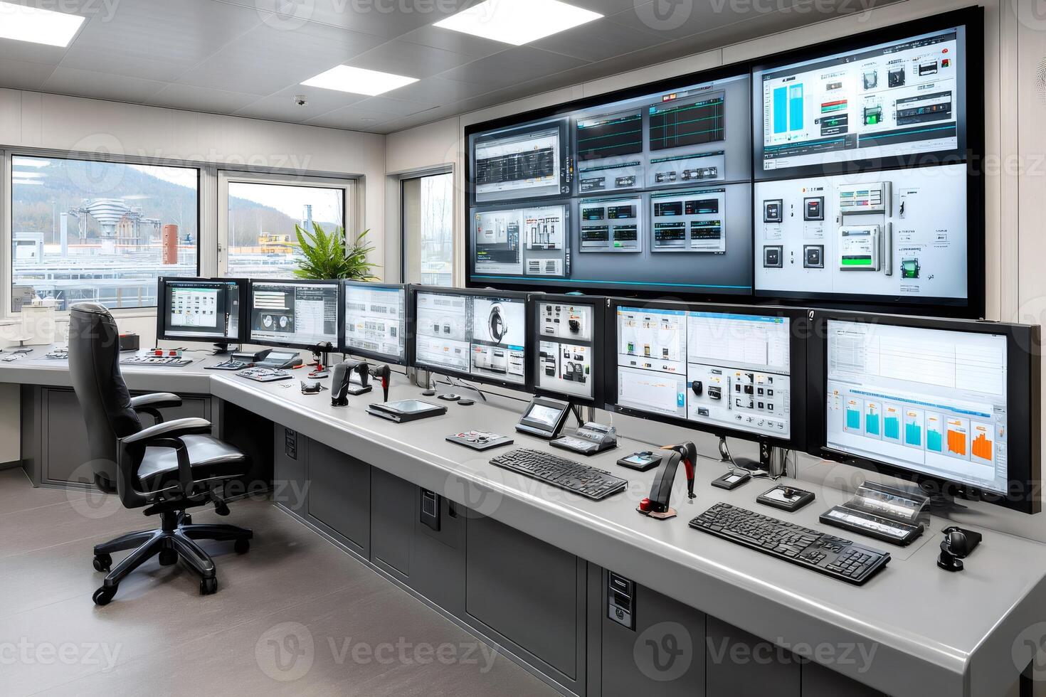 Modern control room monitoring system showing various parameters and data visualization on multiple screens photo
