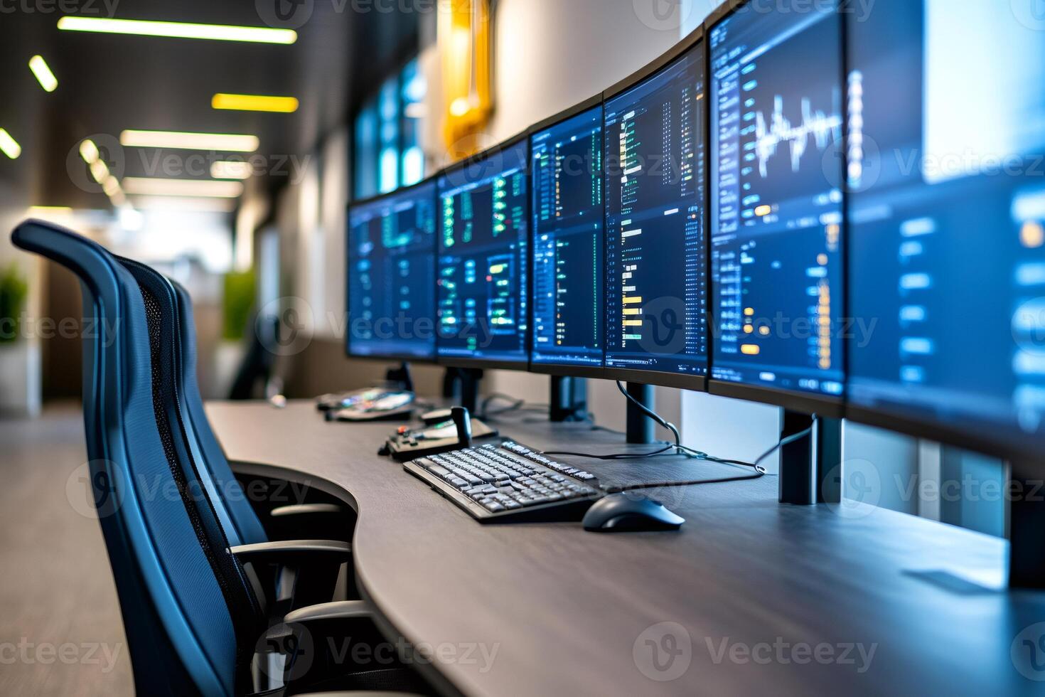 Modern office desk showing multiple computer monitors displaying complex data and information photo