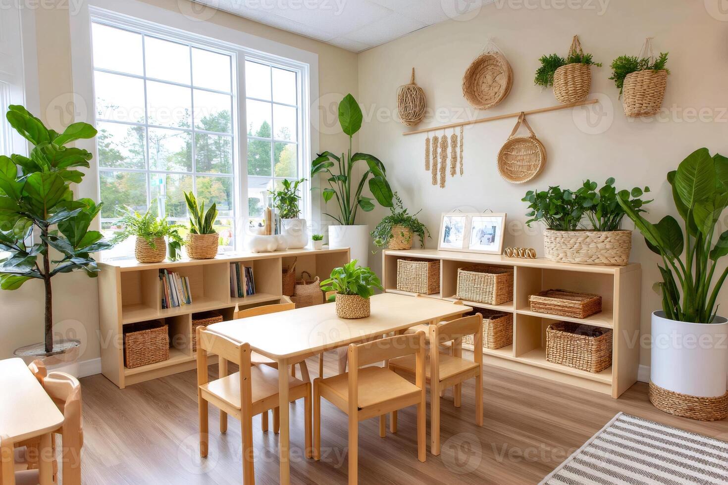 Modern playroom interior decorated with natural materials and plants promoting wellbeing photo
