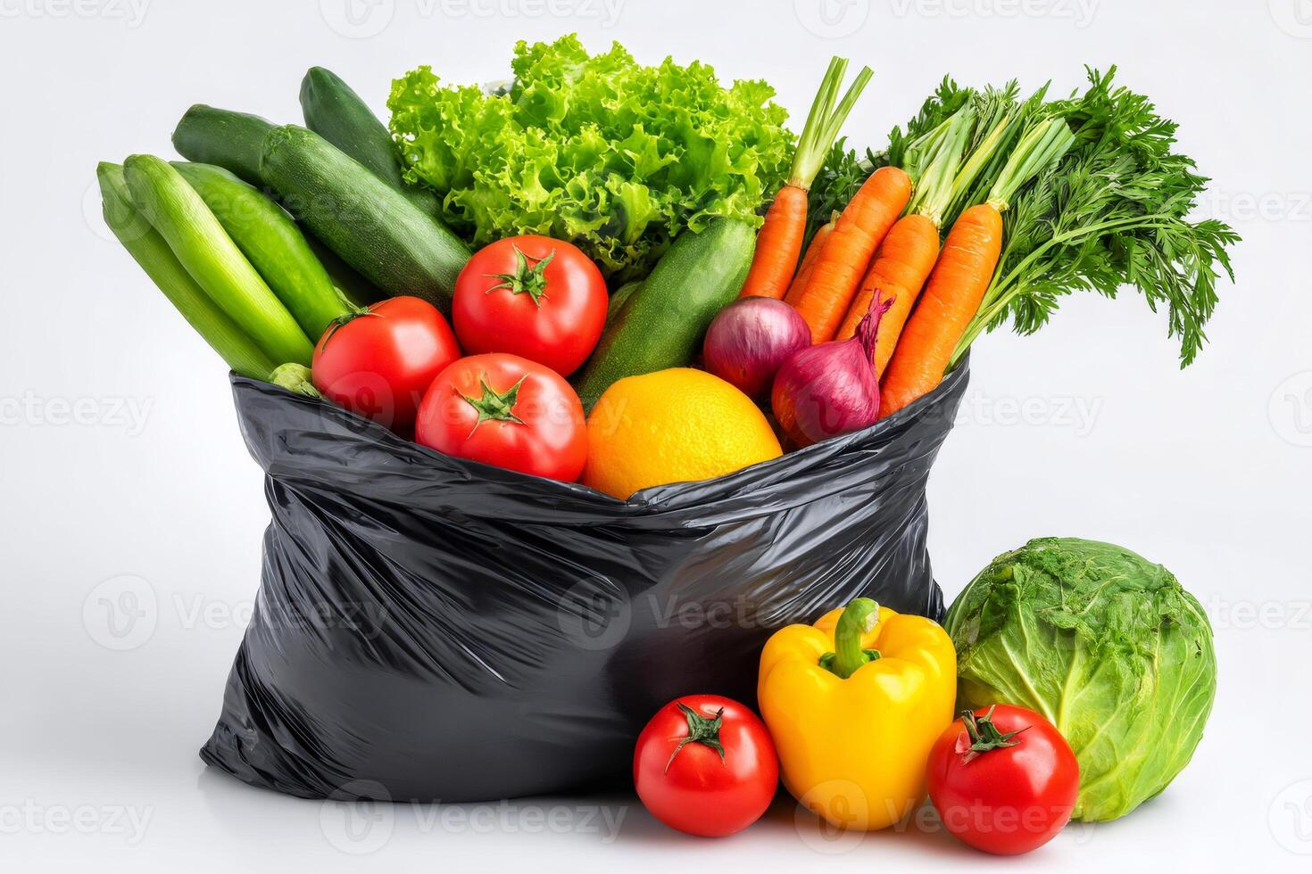 Fresh vegetables overflowing from black plastic shopping bag photo