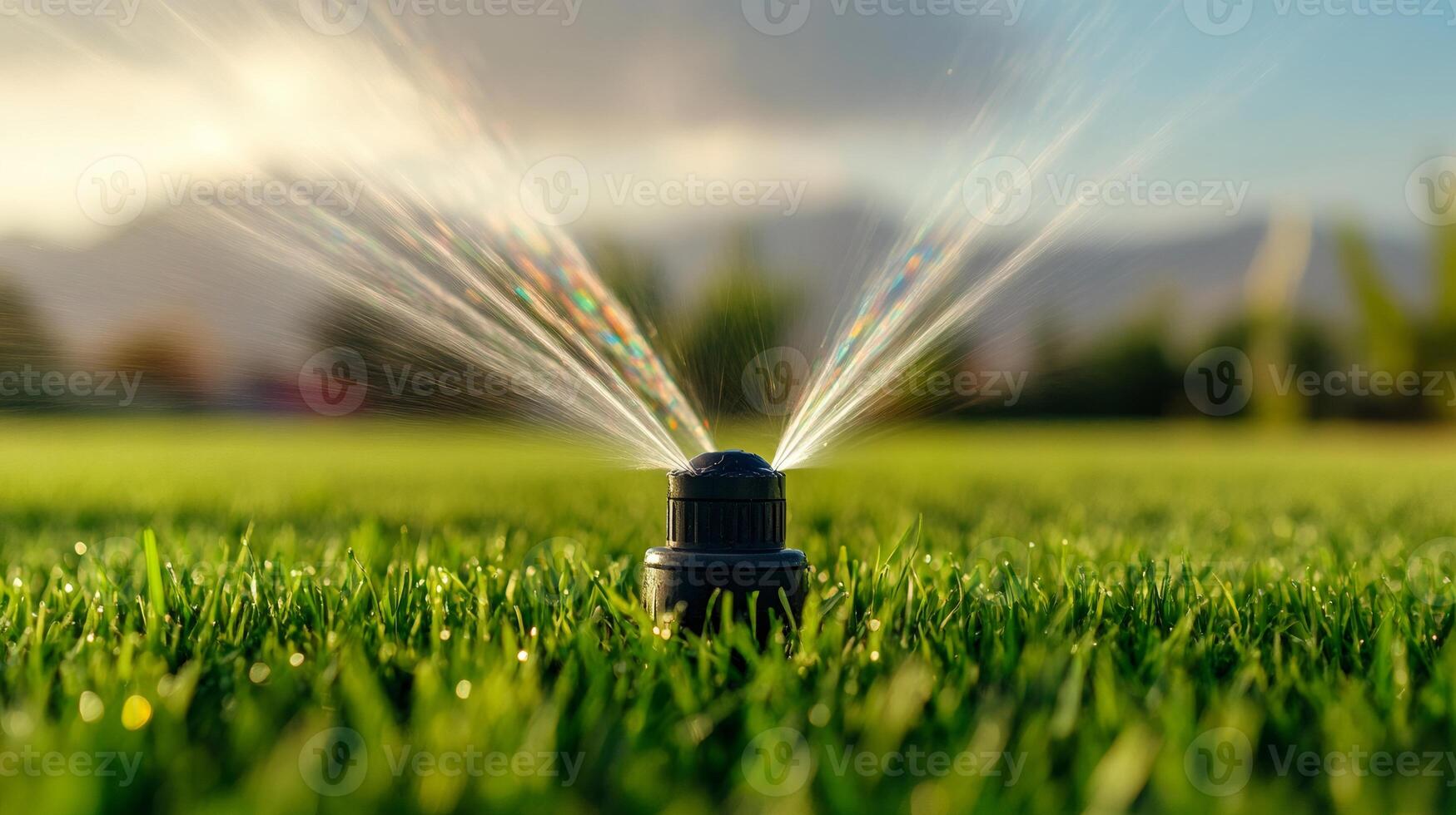 Automatic sprinkler watering green grass lawn at sunset photo