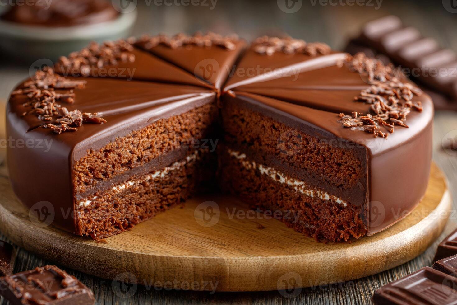 Delicious chocolate cake slices showing rich filling on wooden plate photo