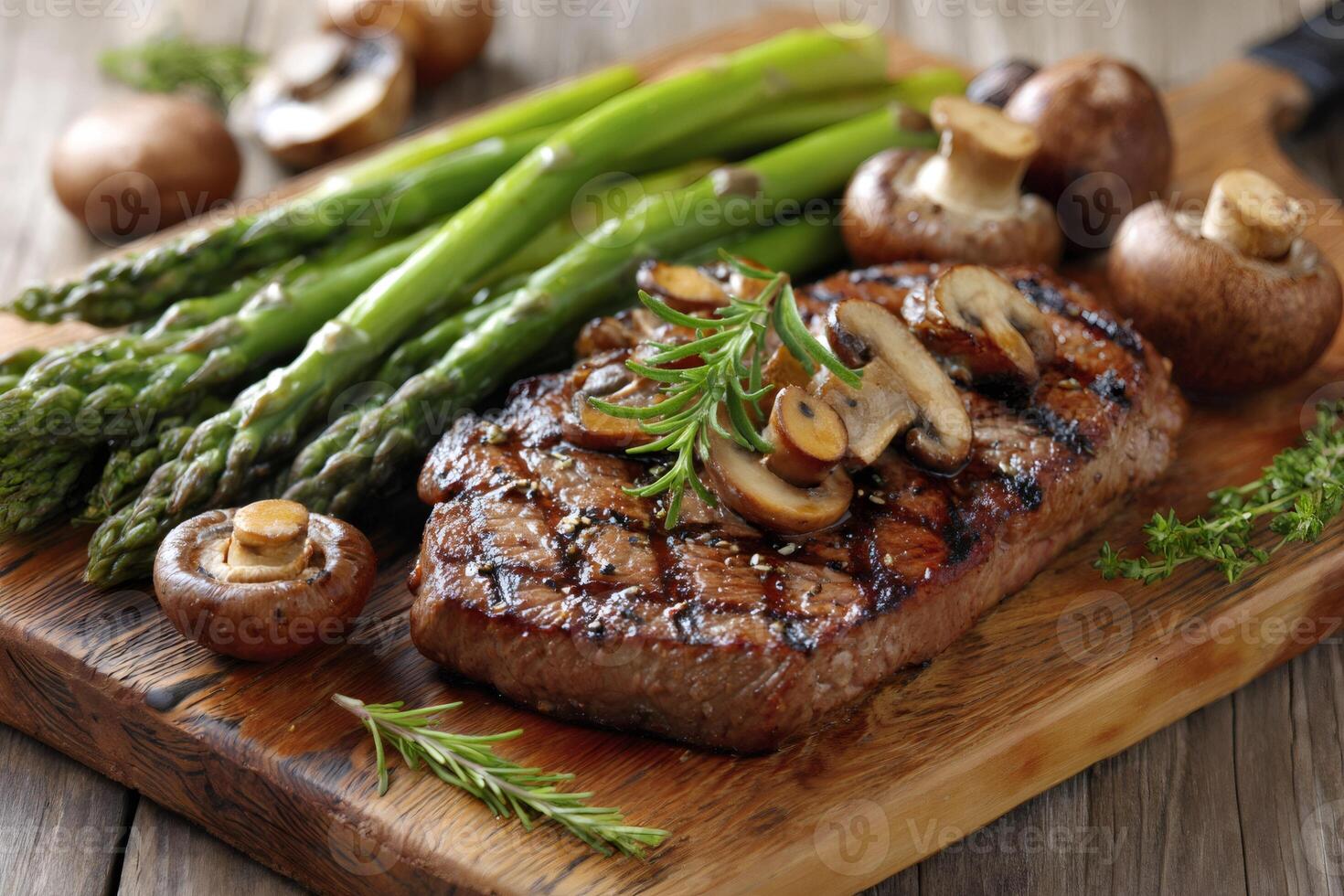 Grilled steak with mushrooms and asparagus on cutting board.. photo