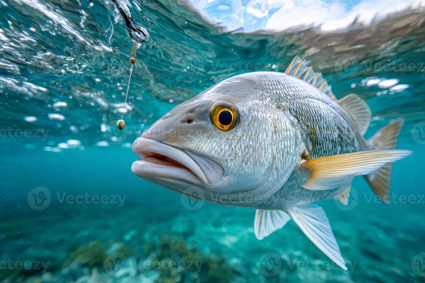 Lane snapper fish approaching jig head hook and line underwater photo
