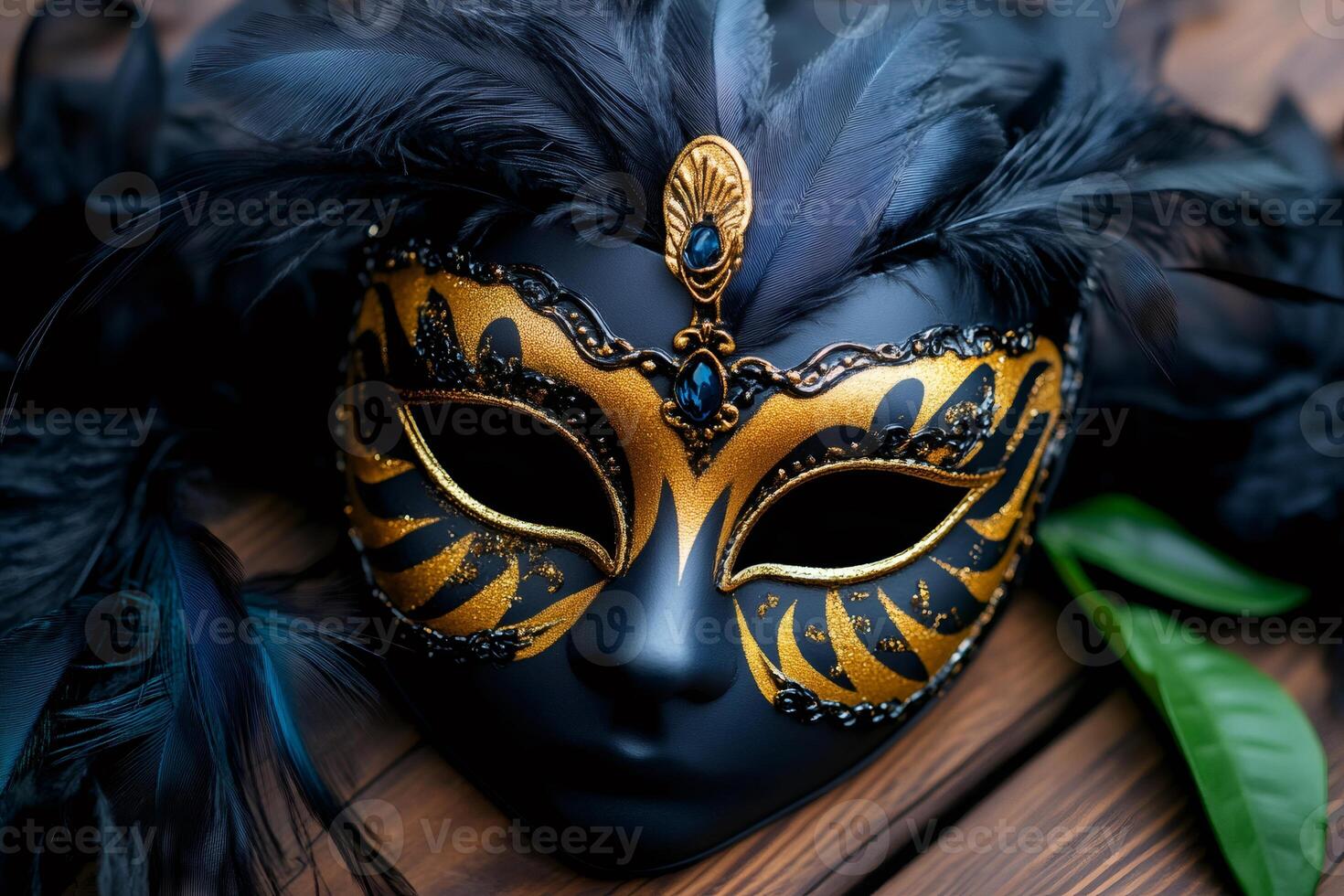 Venetian carnival mask with black feathers and gold decoration resting on wooden table photo