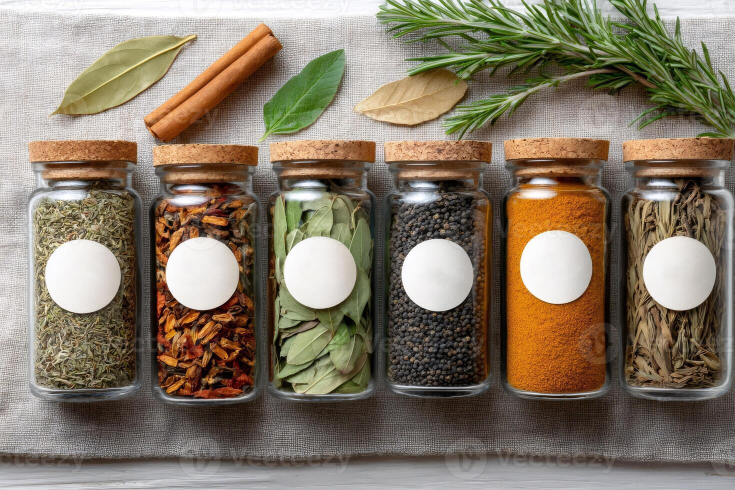 Glass spice jars with blank labels and fresh herbs displayed on table photo