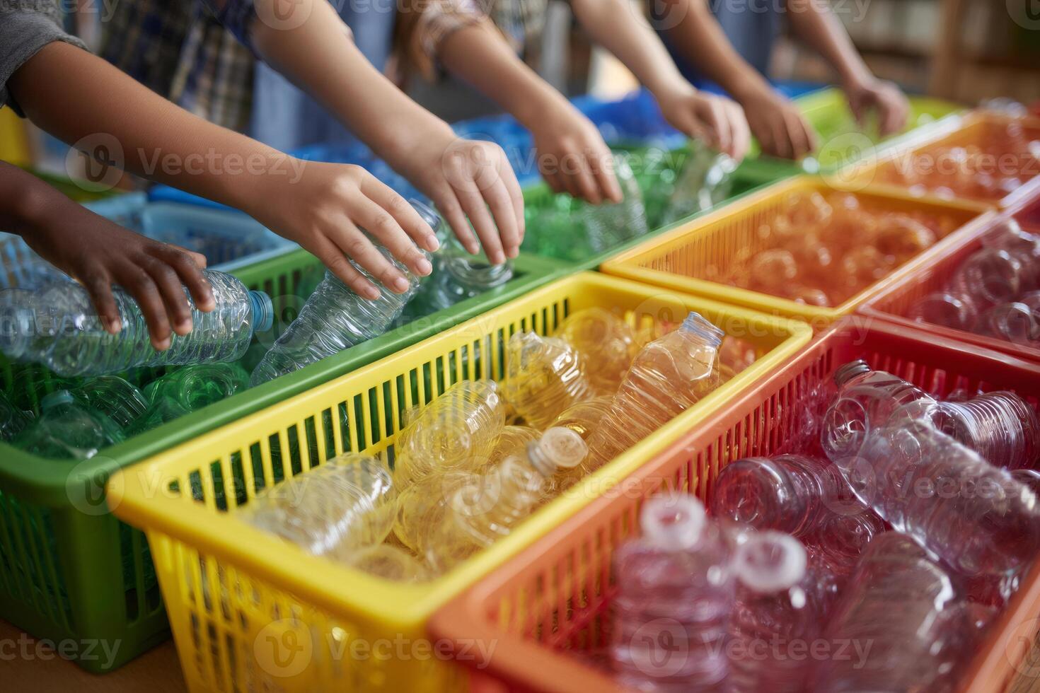 Schoolchildren sorting plastic bottles for recycling in colorful crates photo