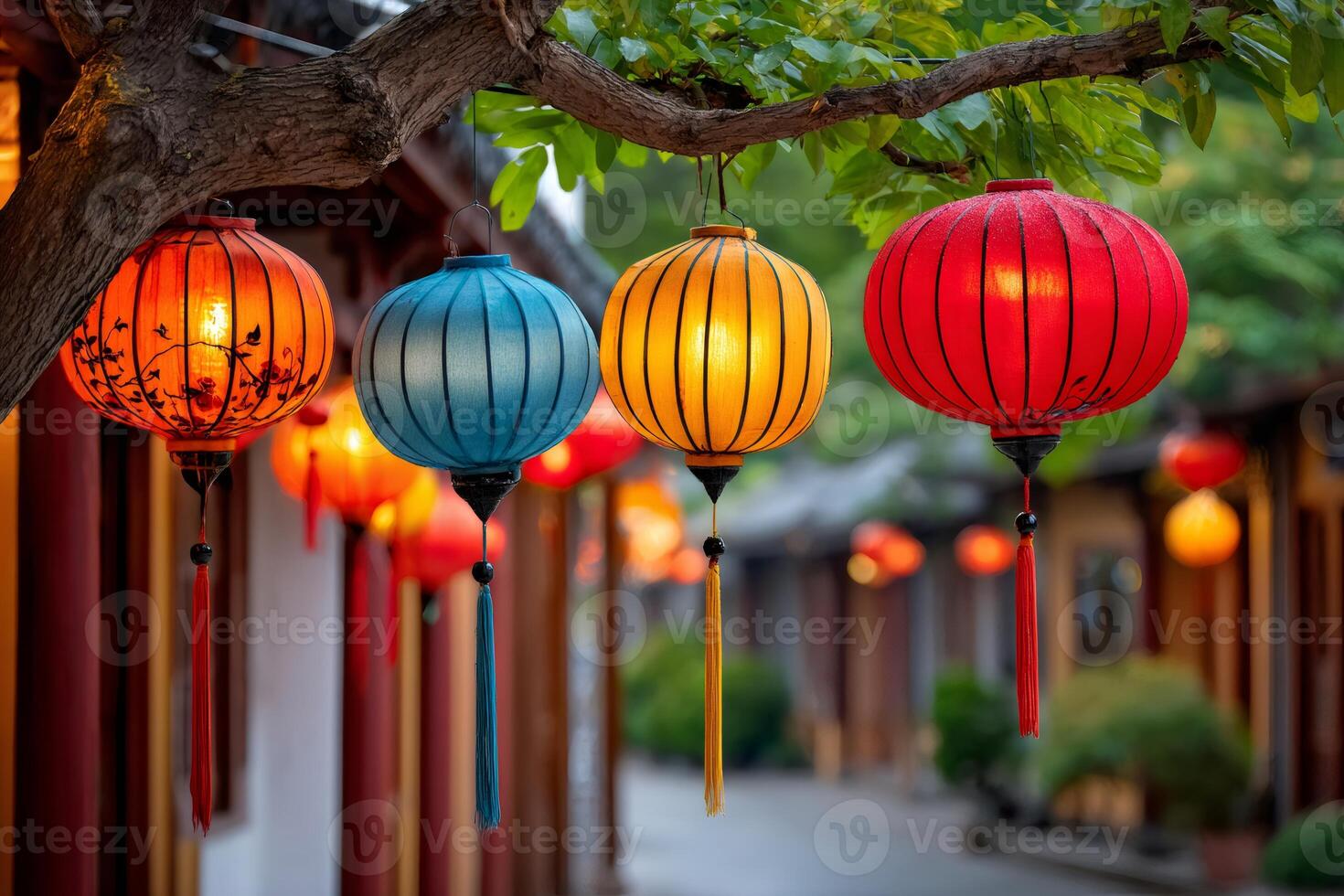 Colorful silk lanterns illuminating a traditional asian street at dusk photo