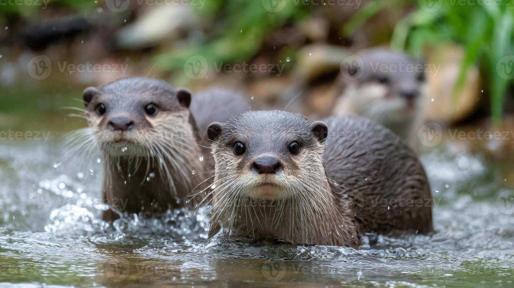 Asian small clawed otters emerging from water photo