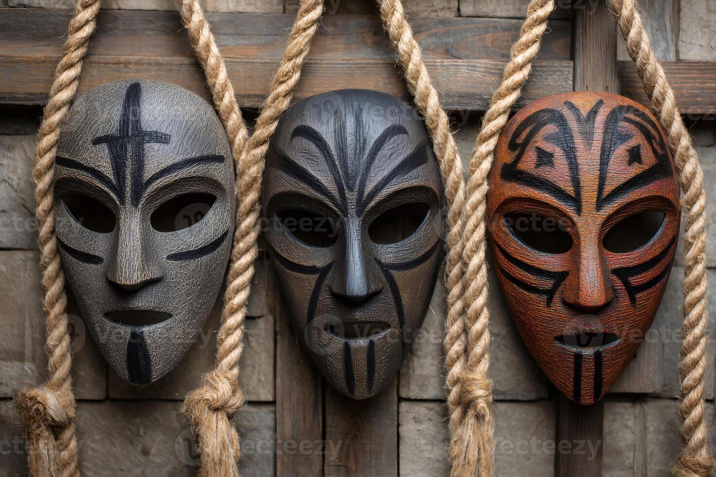 Tribal masks hanging on rustic wooden wall displaying ancient rituals photo