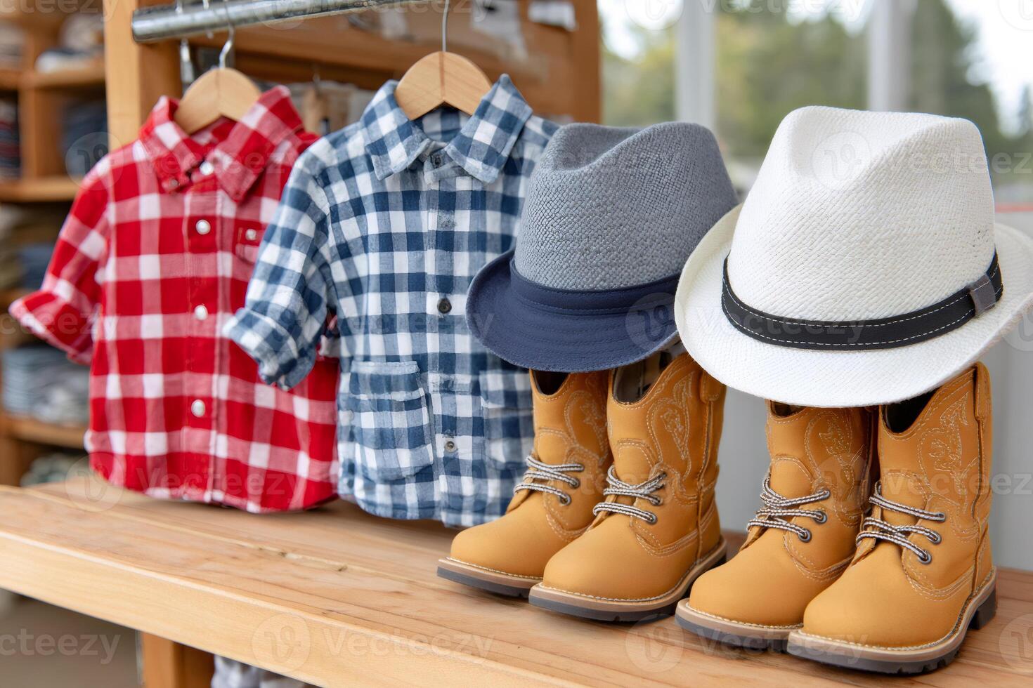 Children's fashion displaying cowboy boots, hats and checkered shirts photo