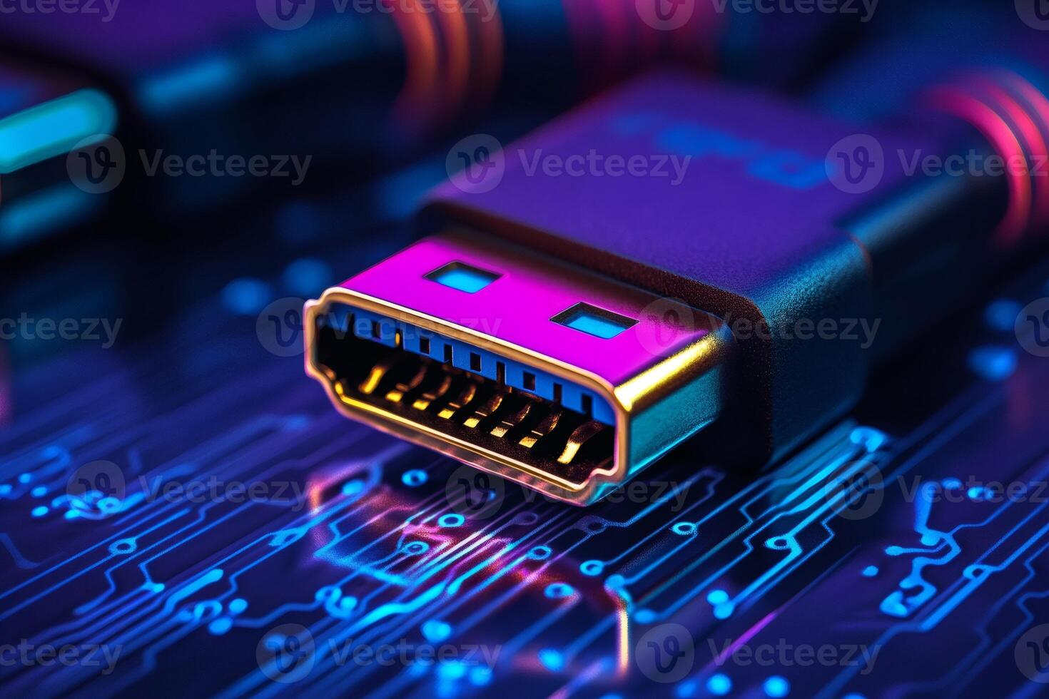 Modern connector cable resting on illuminated circuit board photo