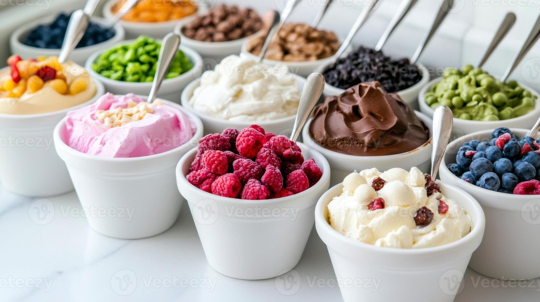 Ice cream bar offering various flavors and toppings displayed in white bowls photo