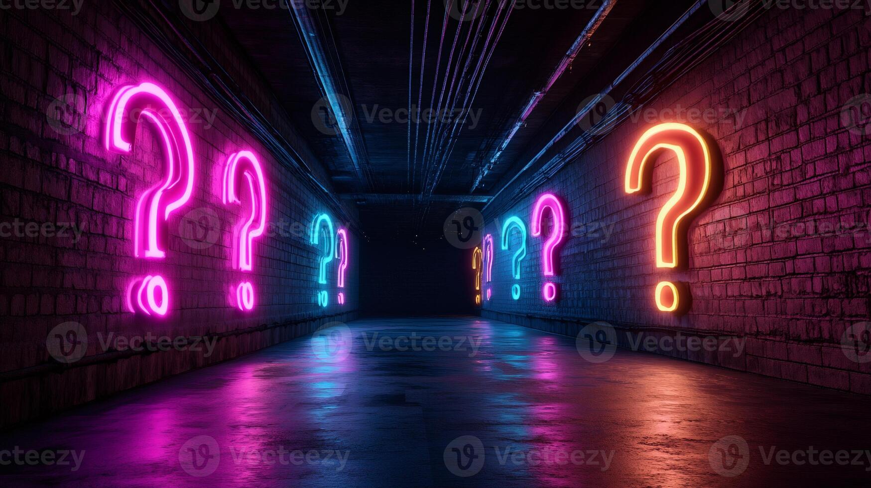 Glowing neon question marks lead into dark uncertain future photo