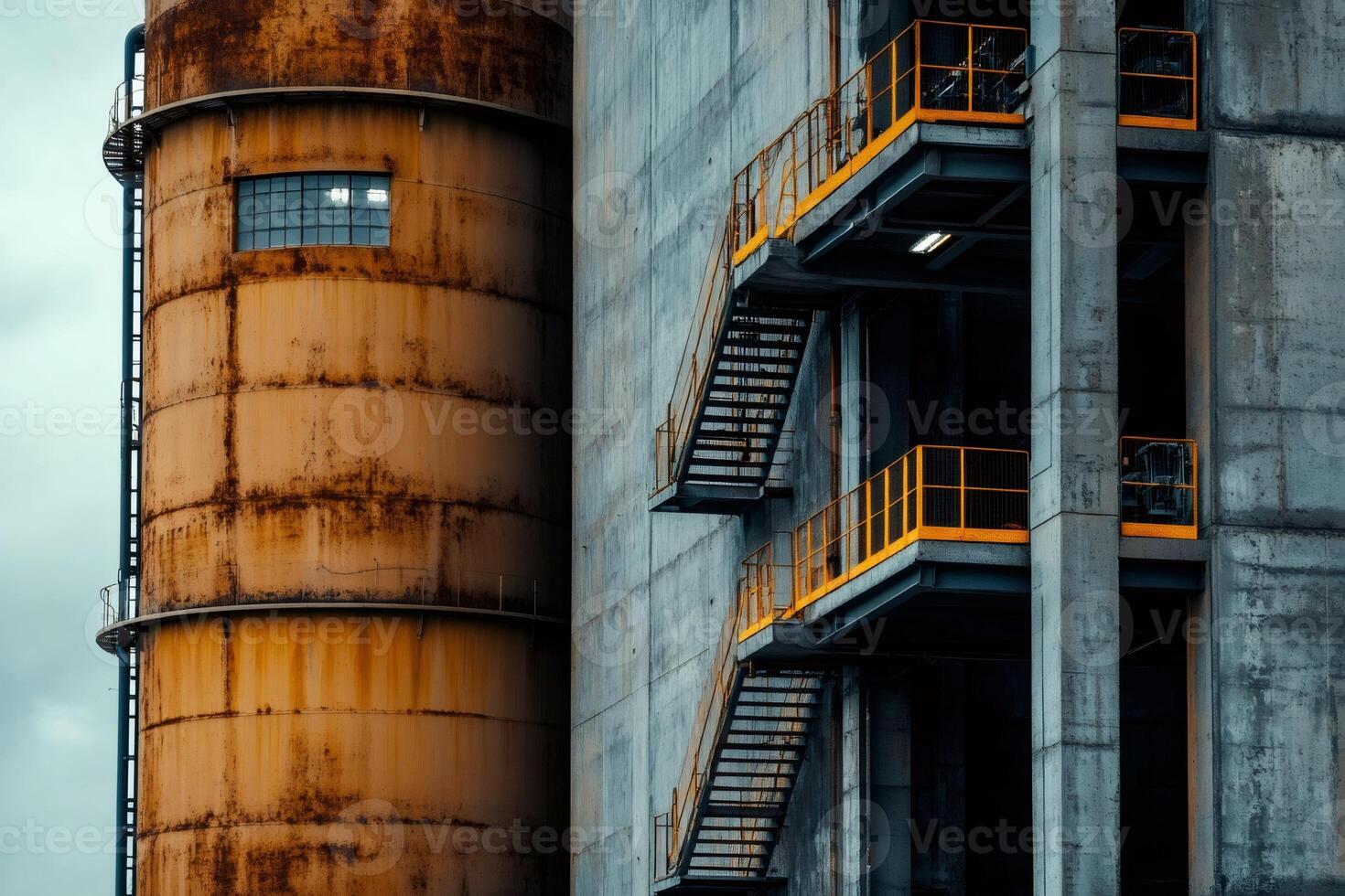 Industrial building showing rusty metal tank and concrete structure with yellow staircase photo