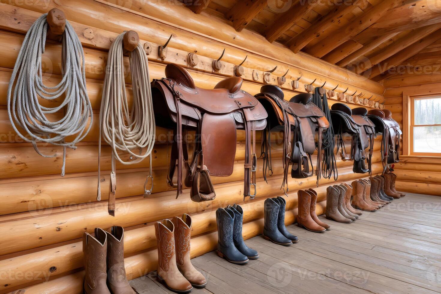 Cowboy boots and saddles hanging in log cabin tack room. .. photo