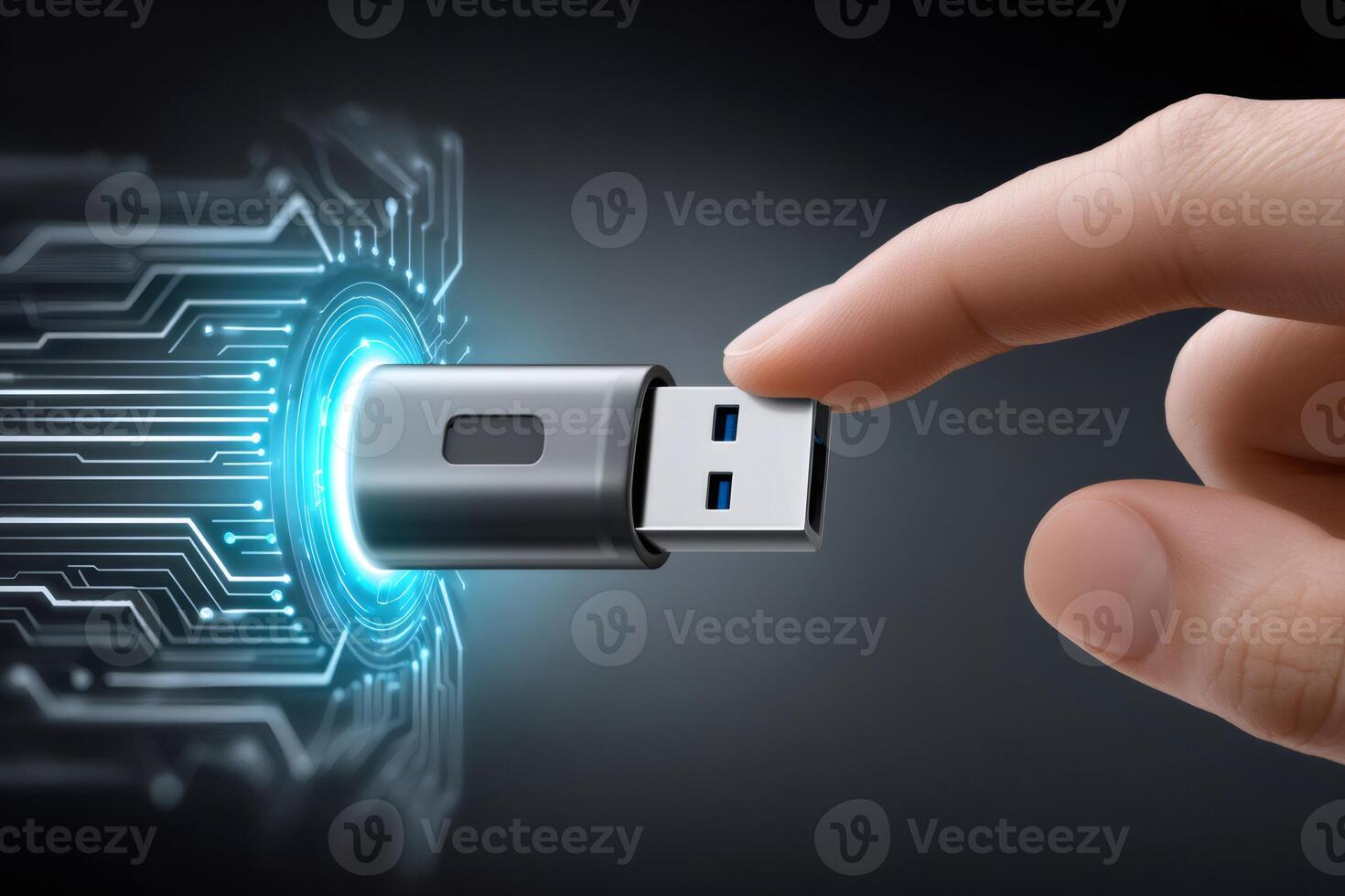 Finger touching usb flash drive emerging from futuristic glowing circuit board photo