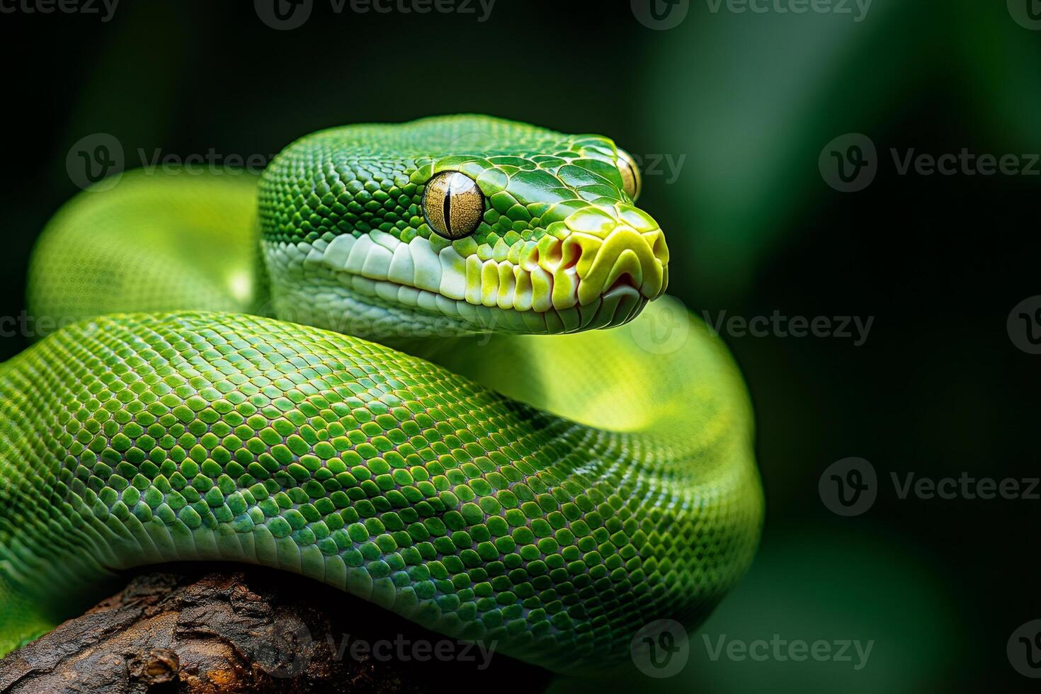 Green tree python resting on a branch, showing its scales and eyes photo