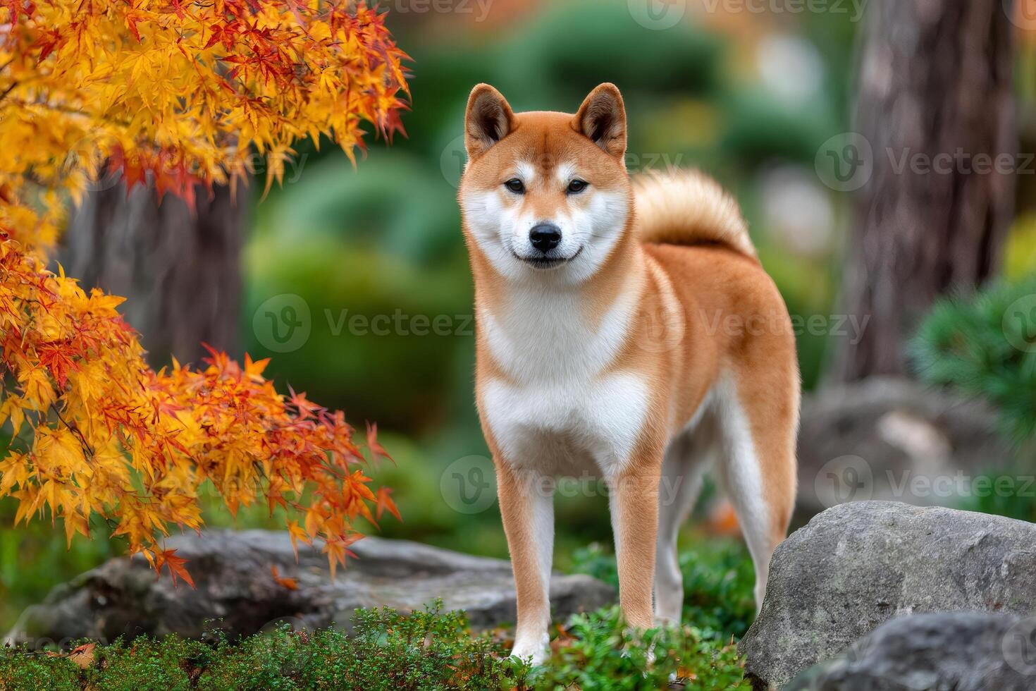Shiba inu dog standing in a japanese garden during autumn photo