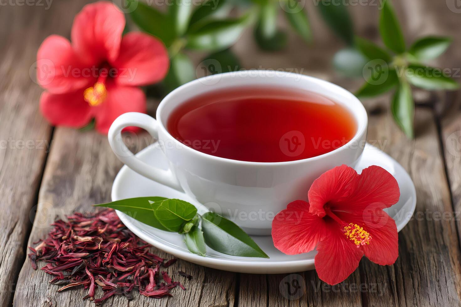 Cup of fresh hibiscus tea with dried petals on rustic wooden surface photo