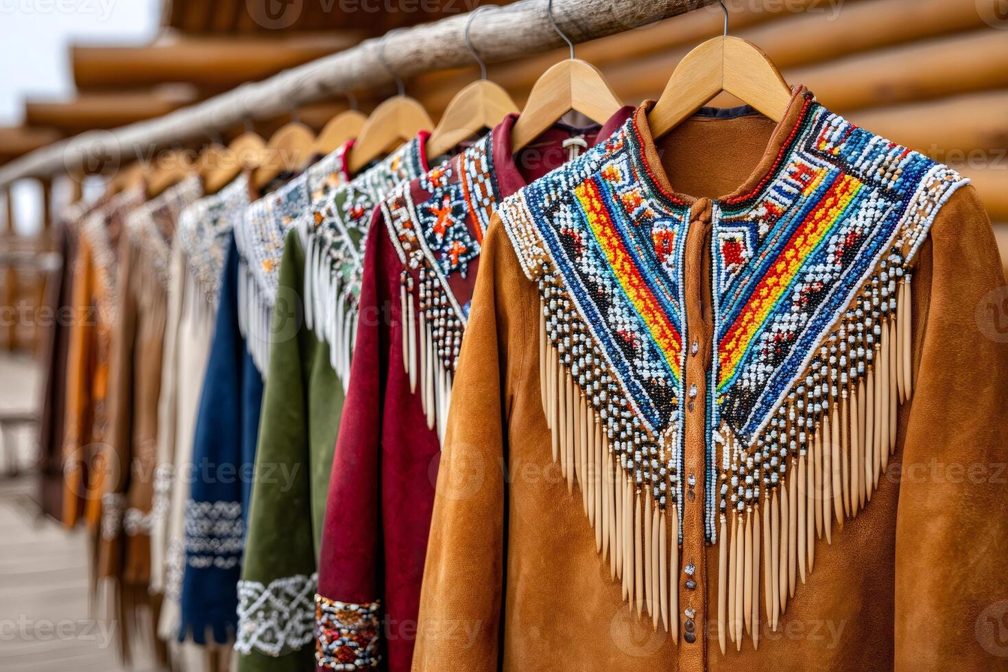 Colorful native american jackets with intricate beadwork and fringes hang on a wooden rack photo