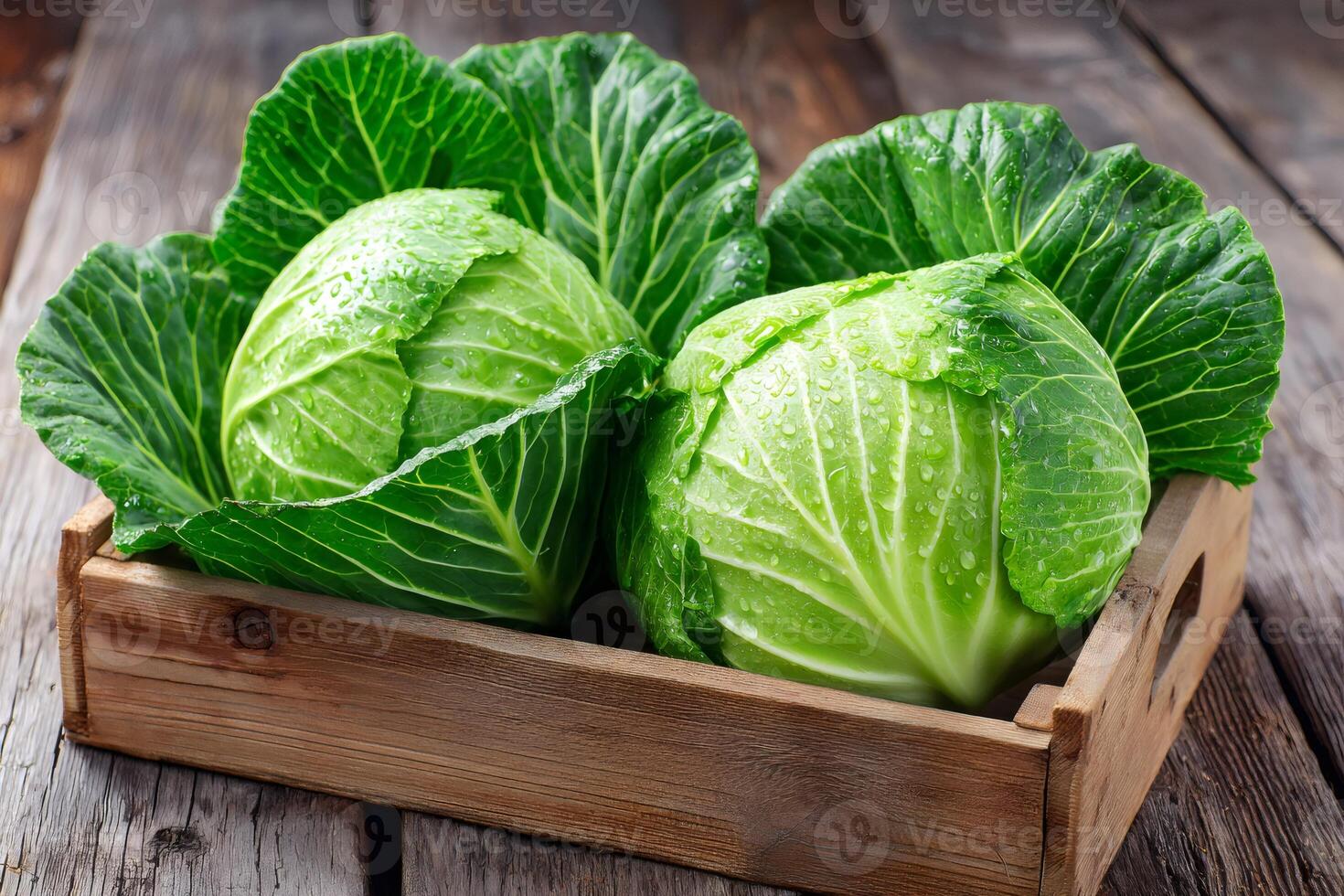 Fresh green cabbages with water drops sitting in wooden crate on rustic table photo