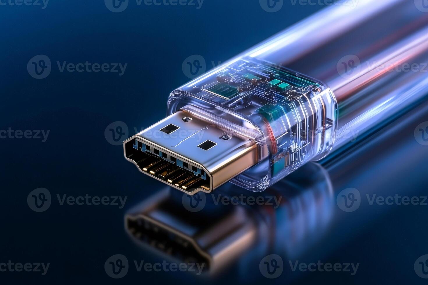 Transparent hdmi cable showing internal components connecting technology photo
