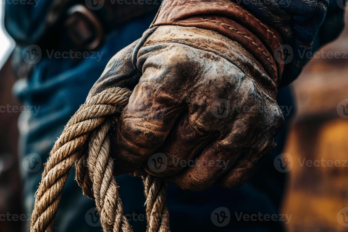 Cowboy holding rope with worn leather gloves in ranch photo