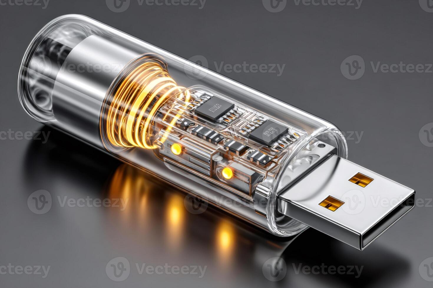 Electronic circuit inside transparent usb stick glowing during data transfer photo