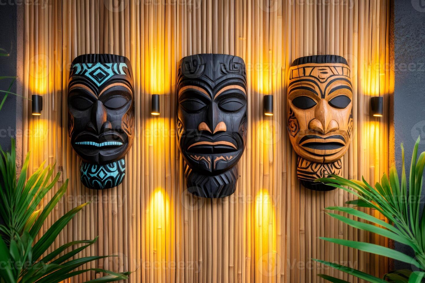 Three polynesian tiki masks hanging on a bamboo wall with spotlights illuminating them photo