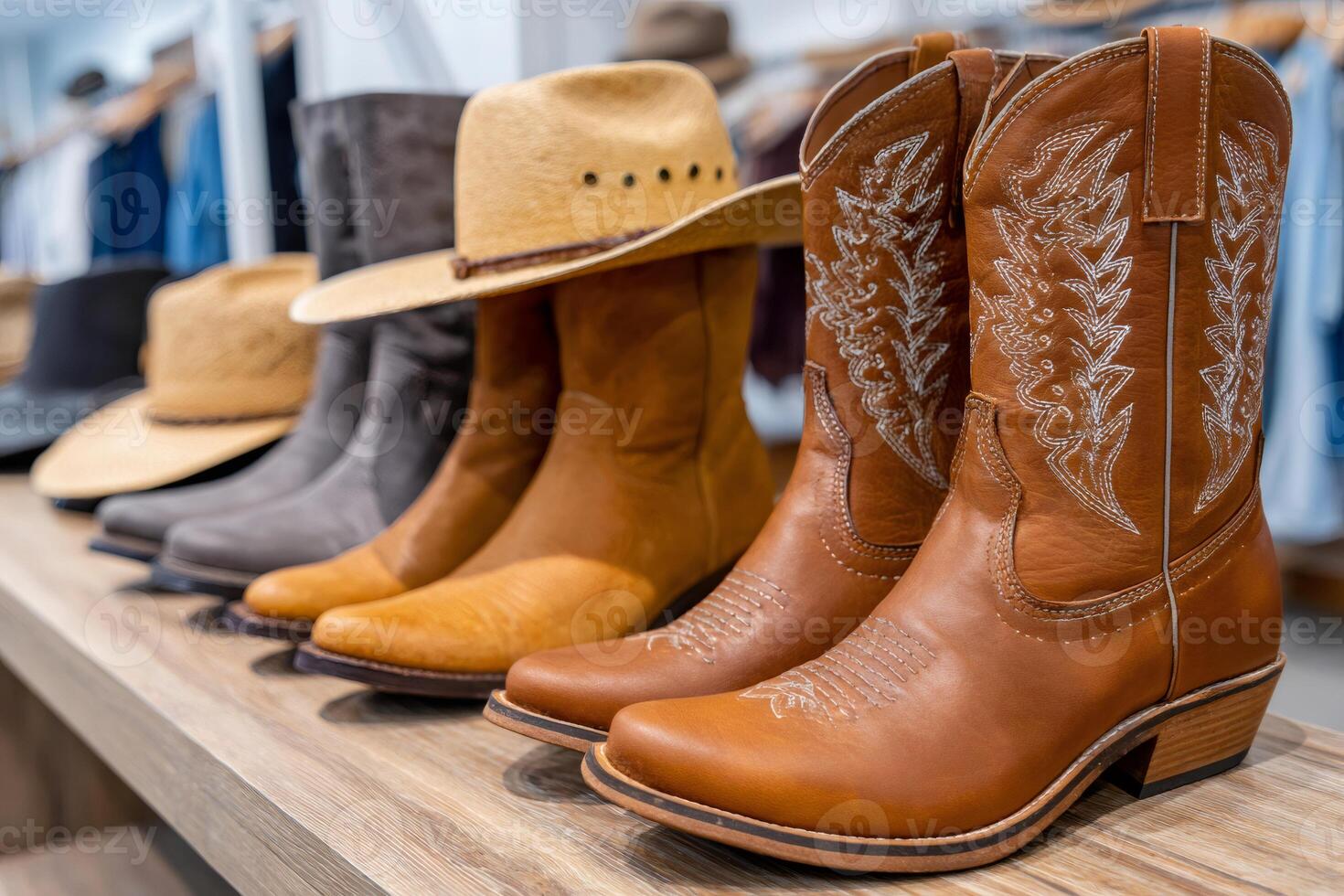 Cowboy boots and hats displayed on wooden shelf in western wear store photo