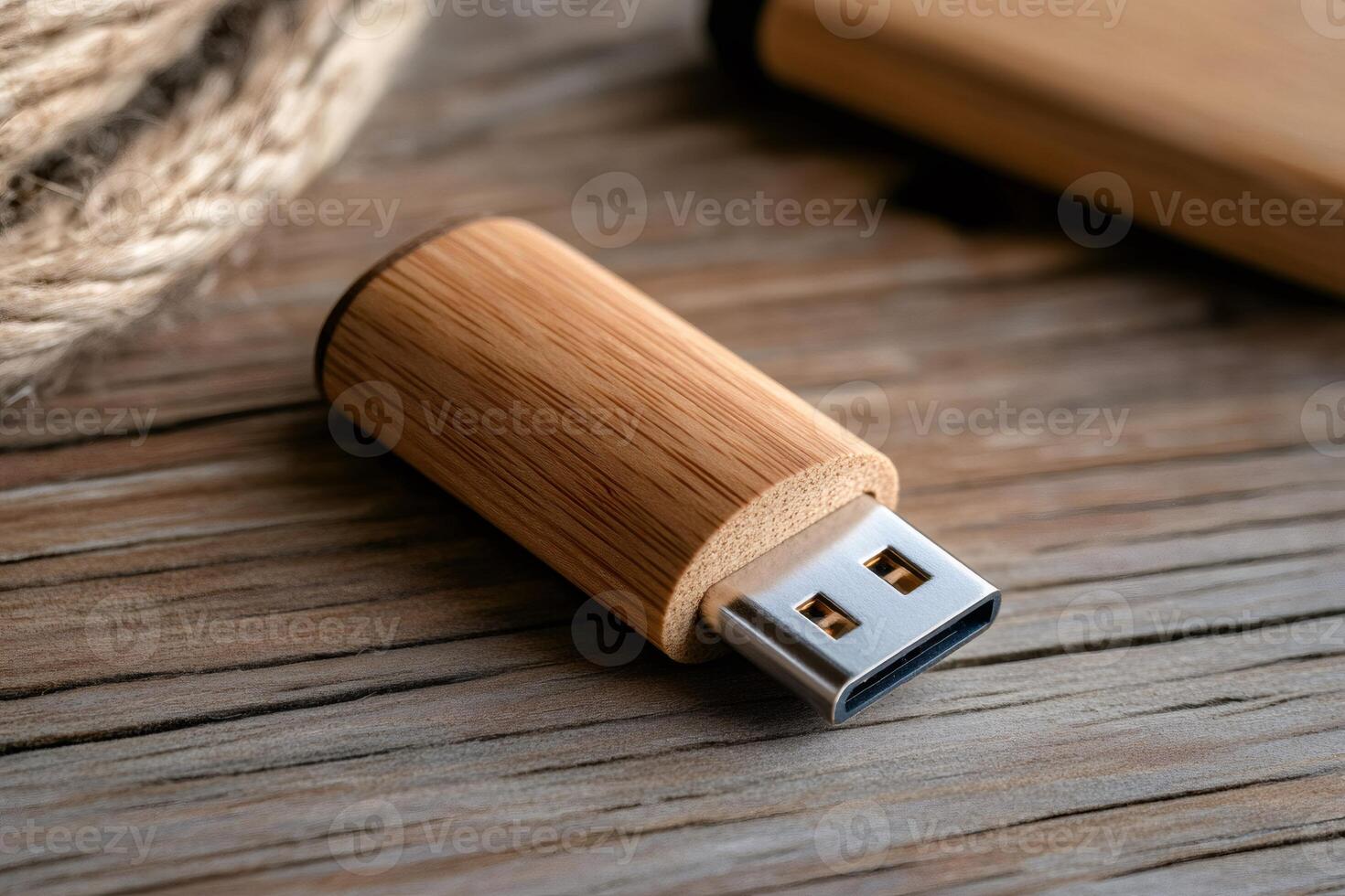 Modern wooden usb flash drive laying on rustic table photo