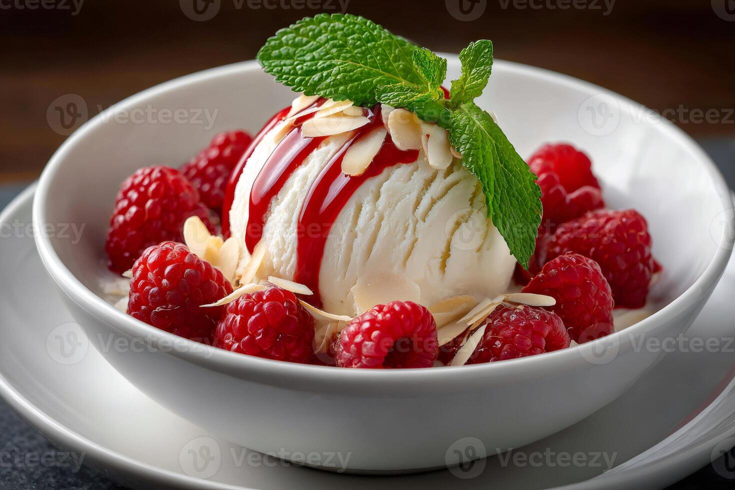 Vanilla ice cream scoop with raspberry, almond flakes and mint leaf photo