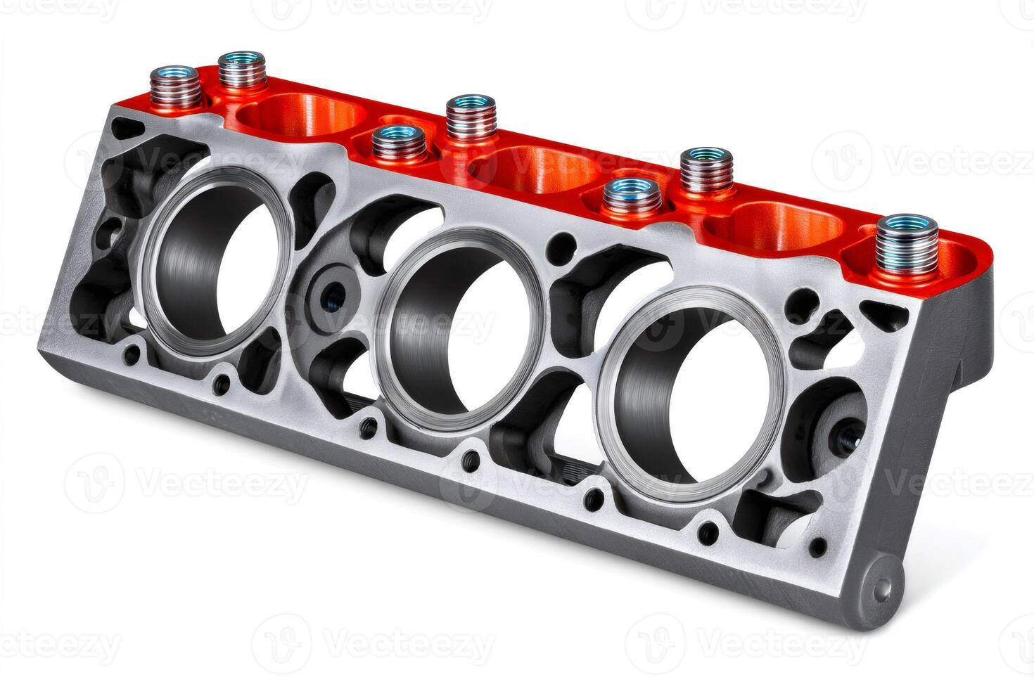 Sectioned engine block showing cylinder sleeves and head stud bores photo