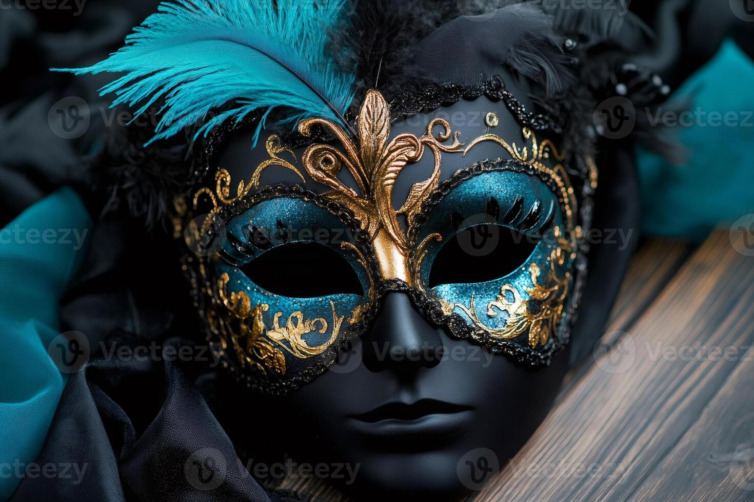 Elegant venetian carnival mask with teal and gold decorations lying on dark fabrics photo