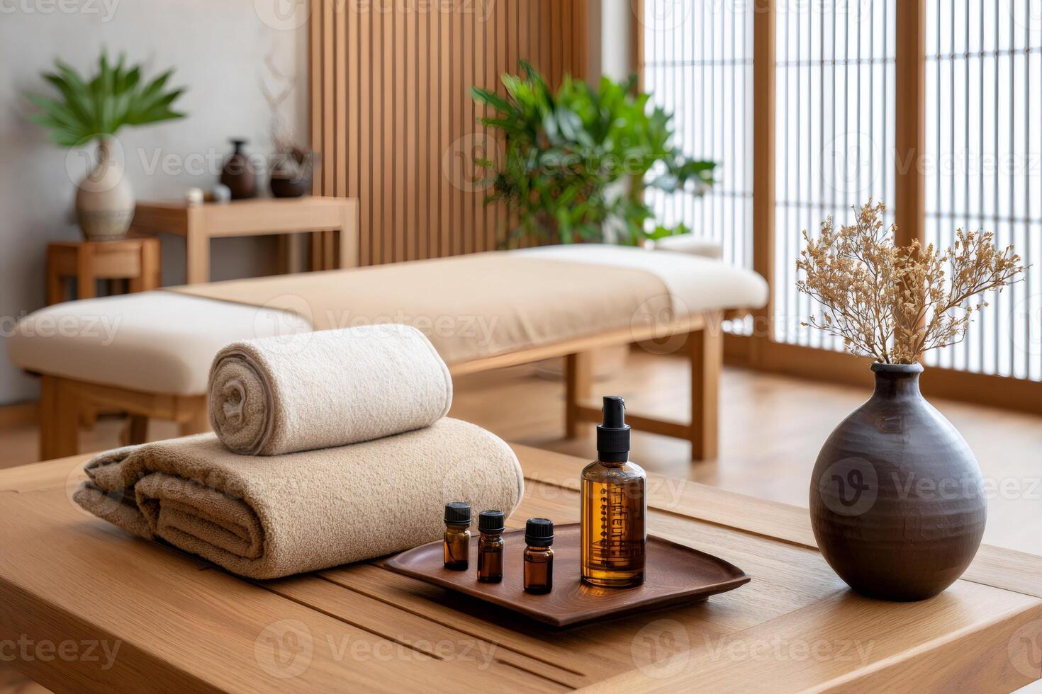 Essential oils and towels resting on table in modern spa setting photo