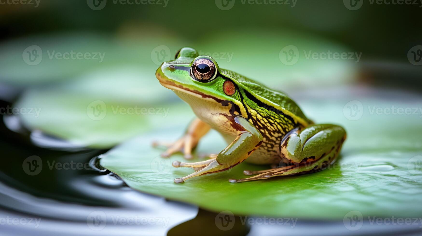 Green frog resting on a lily pad in a pond photo