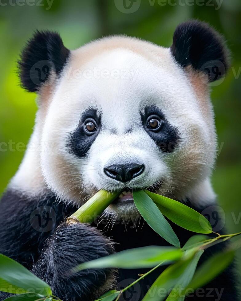 Cute panda bear cub eating bamboo in the forest photo