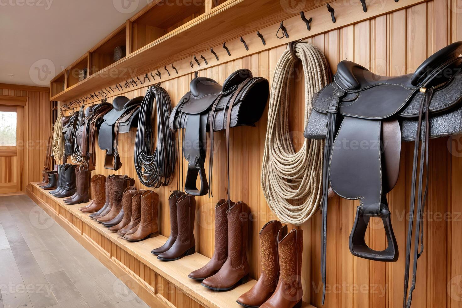 Cowboy boots and saddles hanging in tack room at ranch or farm photo