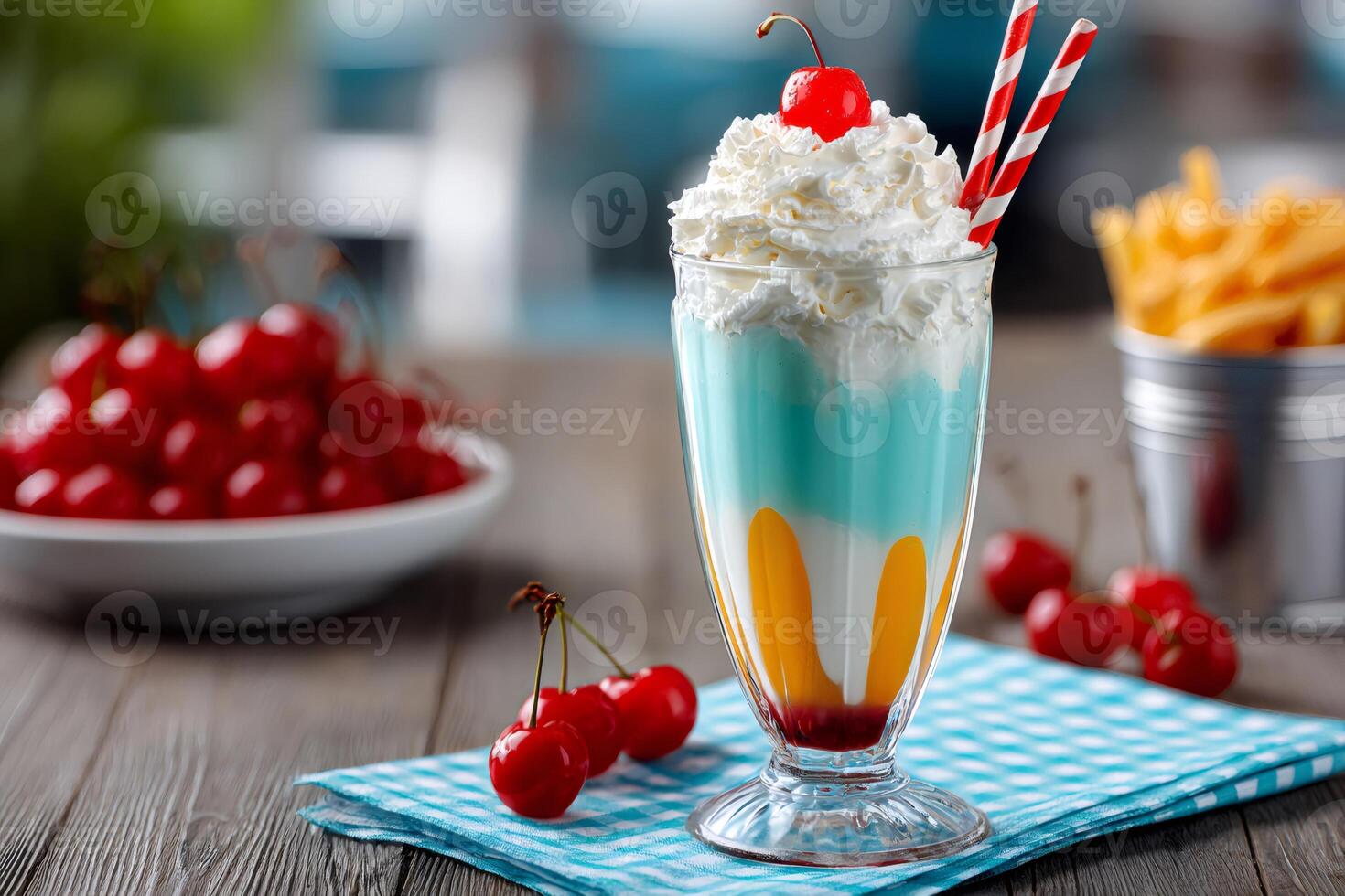 Delicious layered milkshake with whipped cream and cherry topping photo