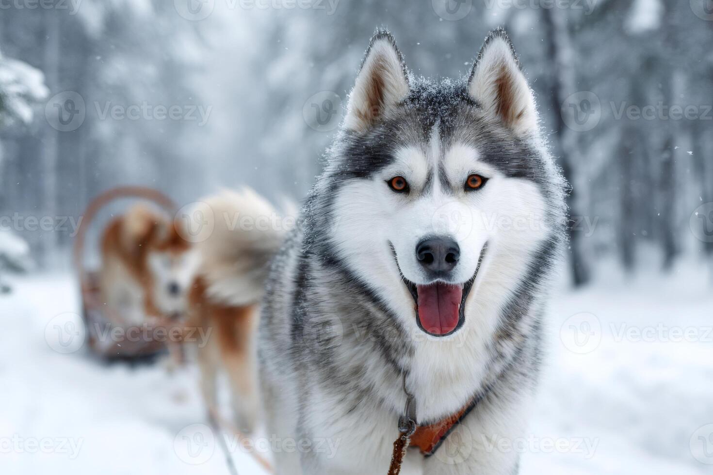 Siberian husky dog pulling sled in snowy winter wonderland photo