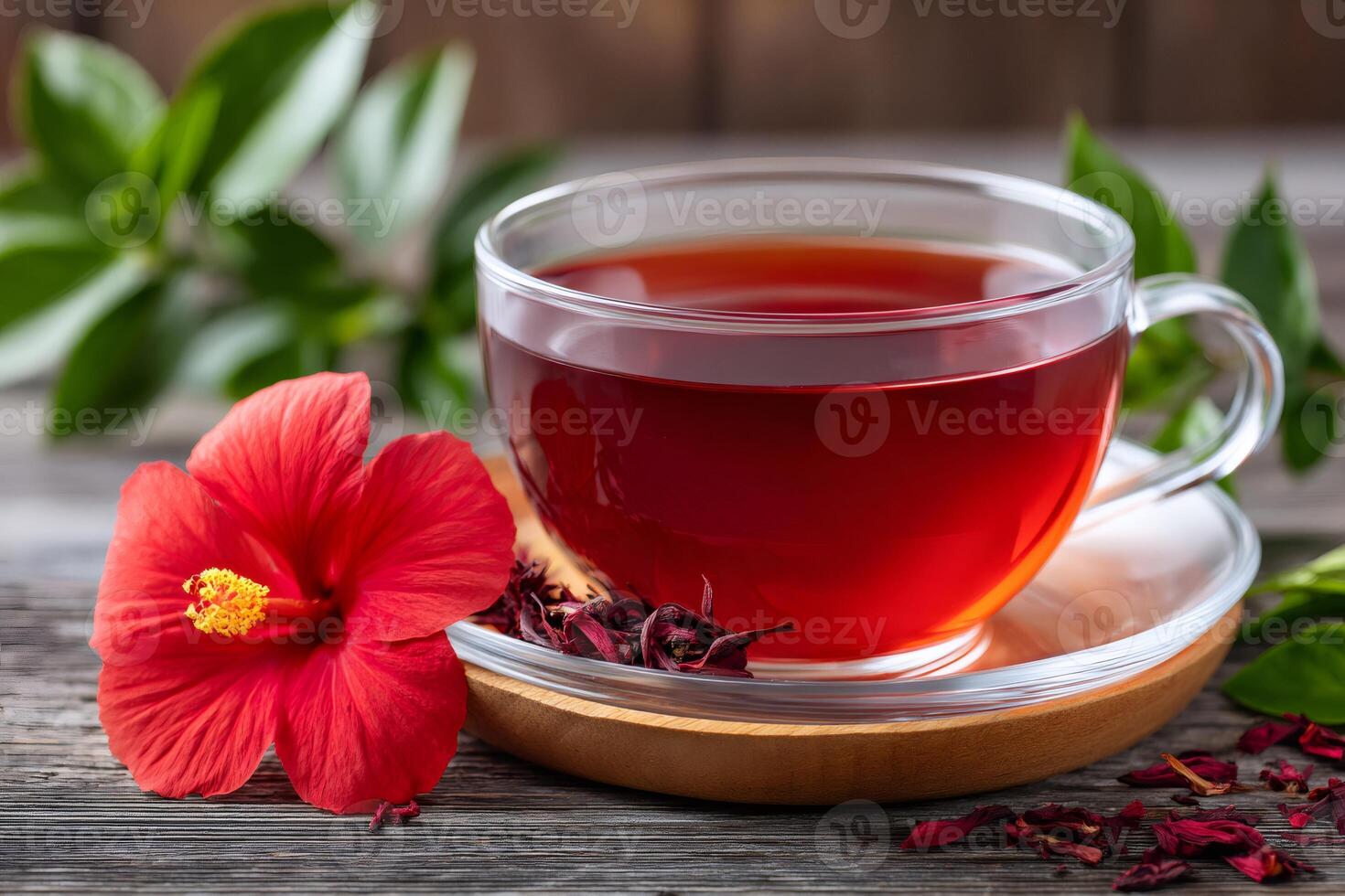 Hibiscus tea brewing in glass cup with fresh flower on wooden table photo